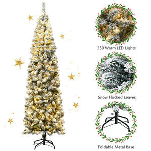 7.5 Feet Pre-lit Snow Flocked Artificial Pencil Christmas Tree with LED Lights view 7