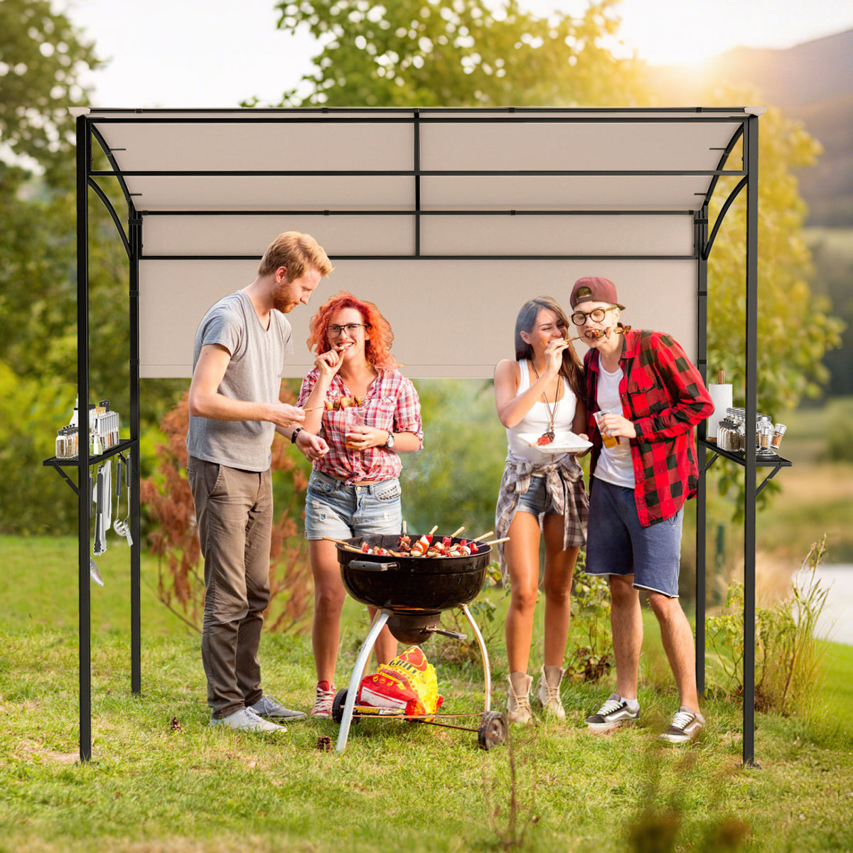 7.8 x 4.4 FT Outdoor Patio BBQ Canopy with Metal Shelves and Bottle Openers-Beige view 2