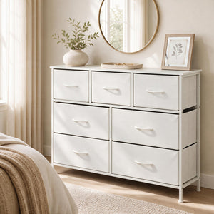7-Drawer Wide Dresser with 2-Sized Folding Fabric Drawers for Bedroom-White view 3
