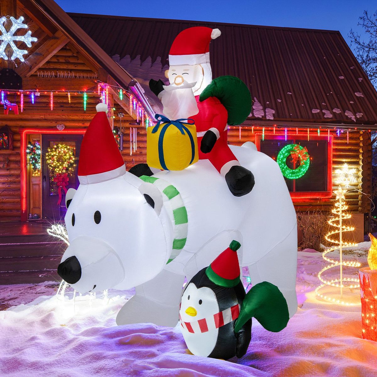 7 Feet Inflatable Santa Claus Riding Bear with Penguin Gift Bags and Gift Box view 2