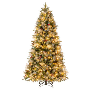 7 Feet Pre-Lit Artificial Christmas Tree with 8 Modes LED Lights with Berries