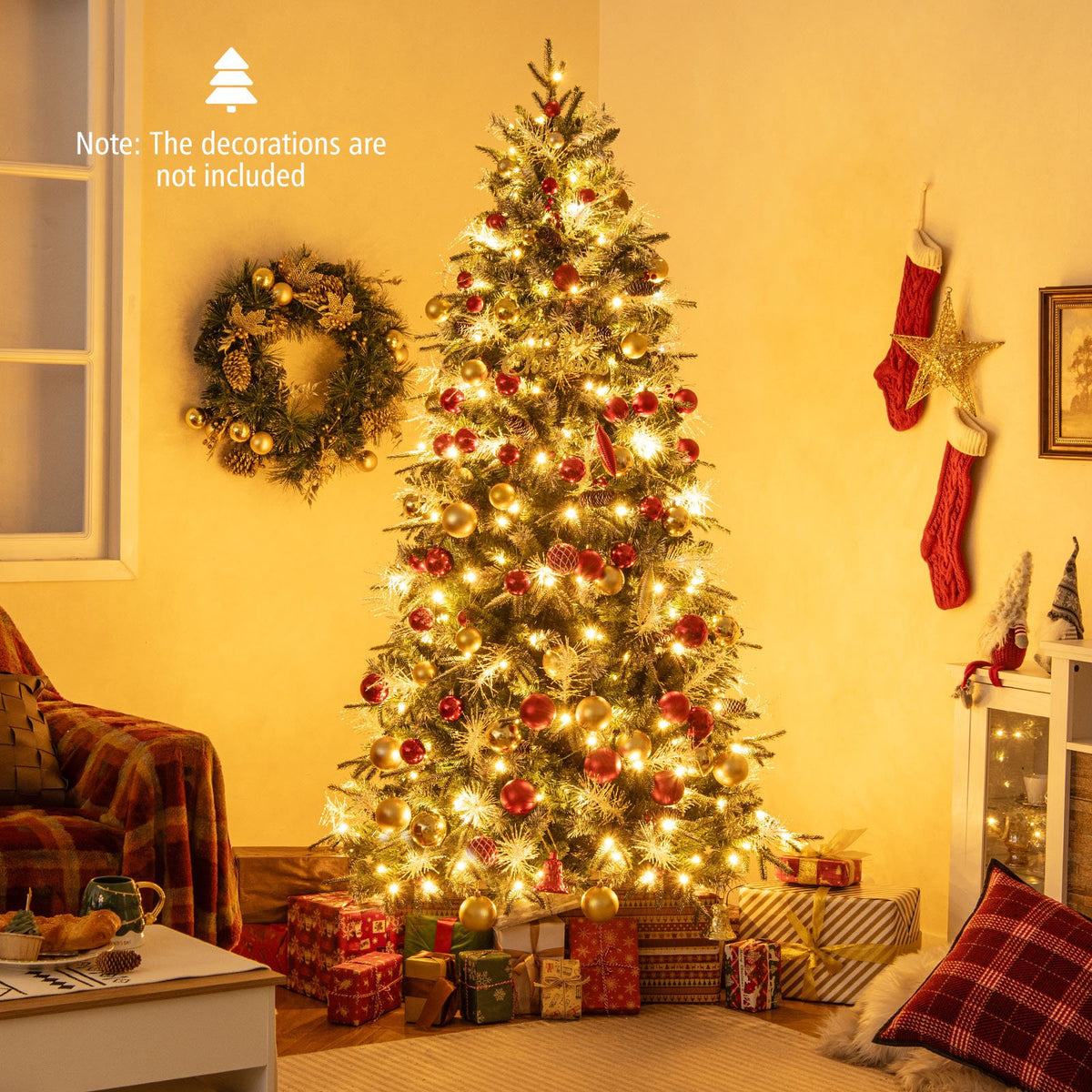 7 Feet Pre-Lit Artificial Christmas Tree with 8 Modes LED Lights with Berries view 2