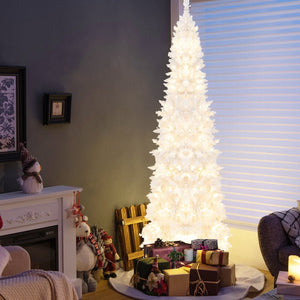 7 Feet Pre-Lit Hinged Pencil Christmas Tree White with 300 LED Lights and 8 Flash Modes view 3