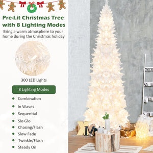 7 Feet Pre-Lit Hinged Pencil Christmas Tree White with 300 LED Lights and 8 Flash Modes view 8