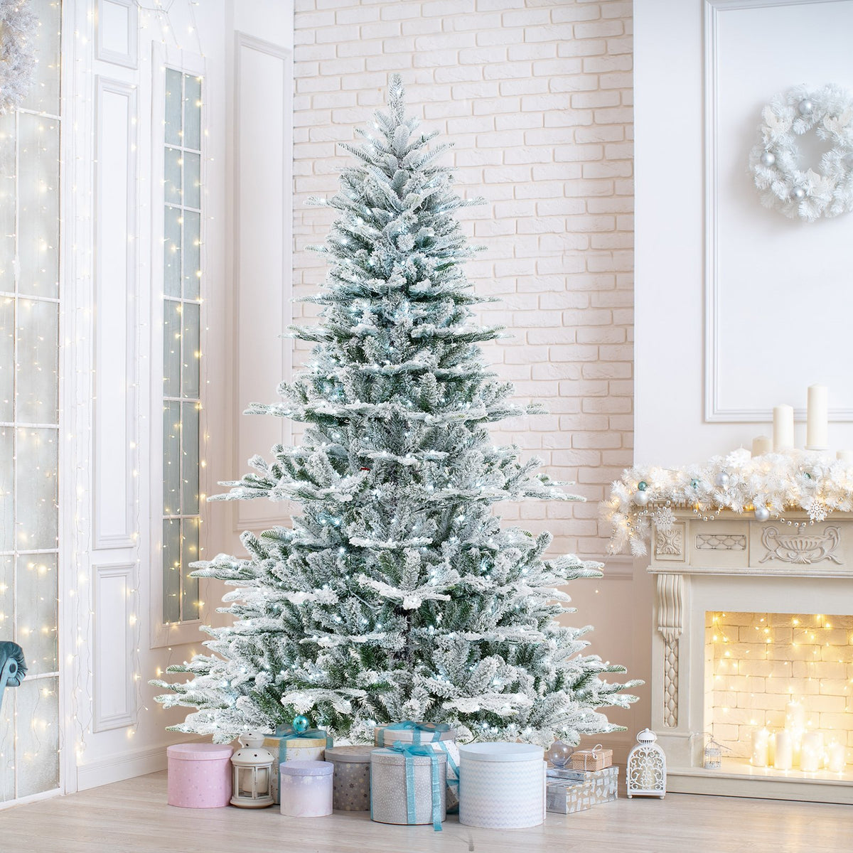 7 Feet Snow Flocked Artificial Christmas Tree with Cool White LED Lights view 2
