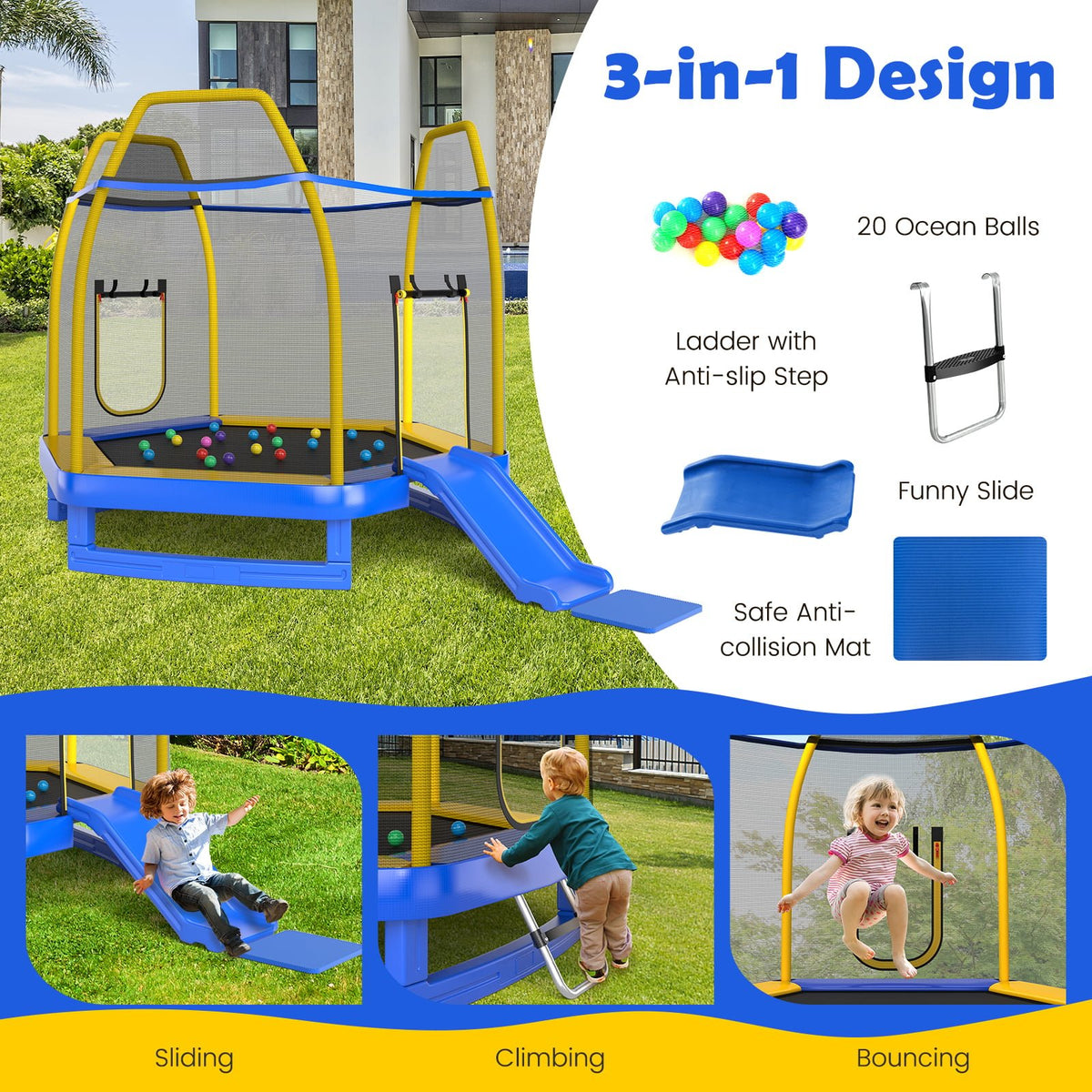 7 Feet Trampoline with Ladder and Slide for Indoor and Outdoor-Blue view 2