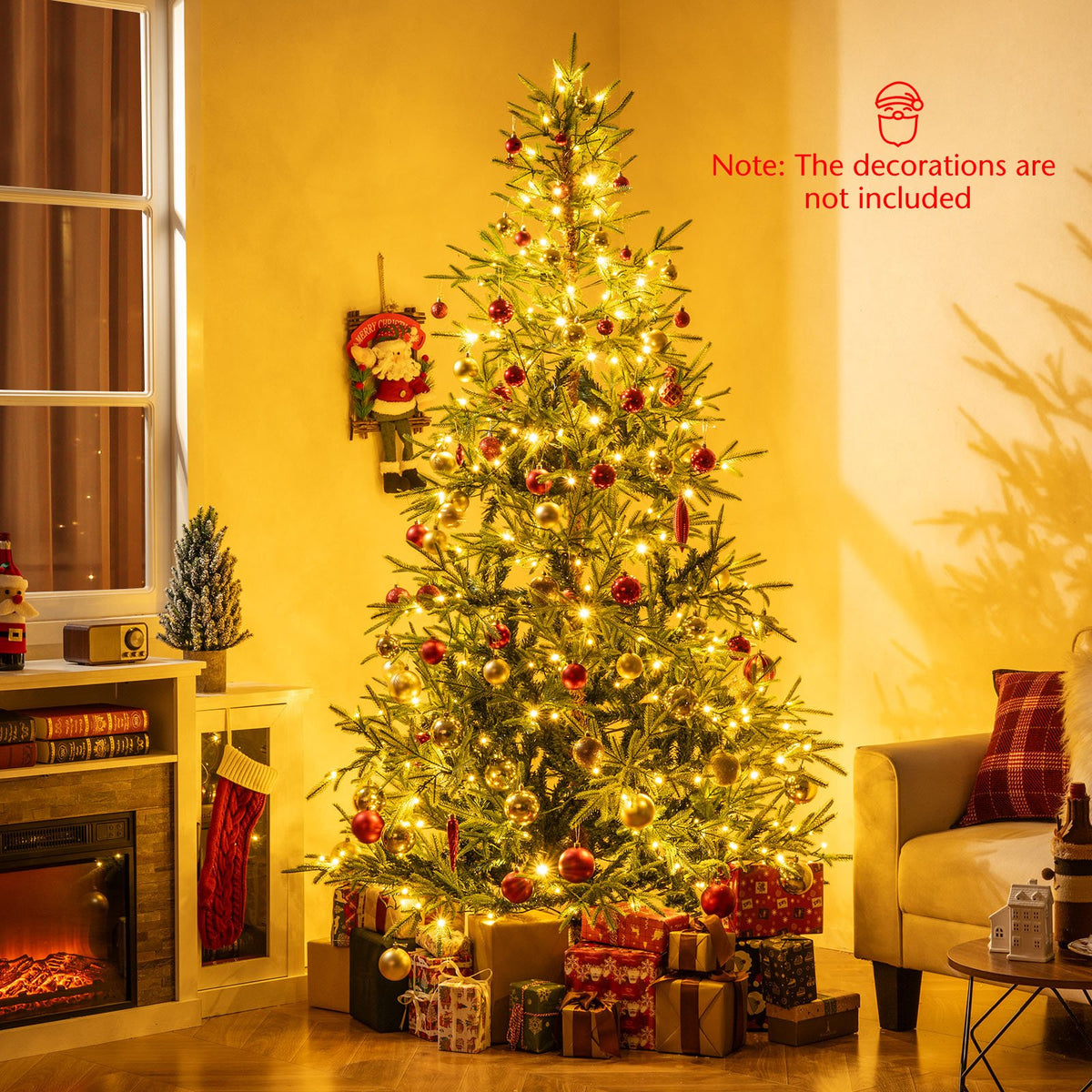7 FT Pre-Lit Artificial Christmas Tree Hinged Xmas Tree with 300 Warm White & Multicolored LED Lights view 2