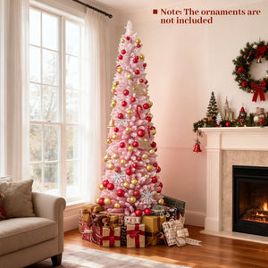 7 FTSnow-flocked Artificial Pink Christmas Tree Pre-lit Hinged Xmas Tree for Holiday Decoration view 6