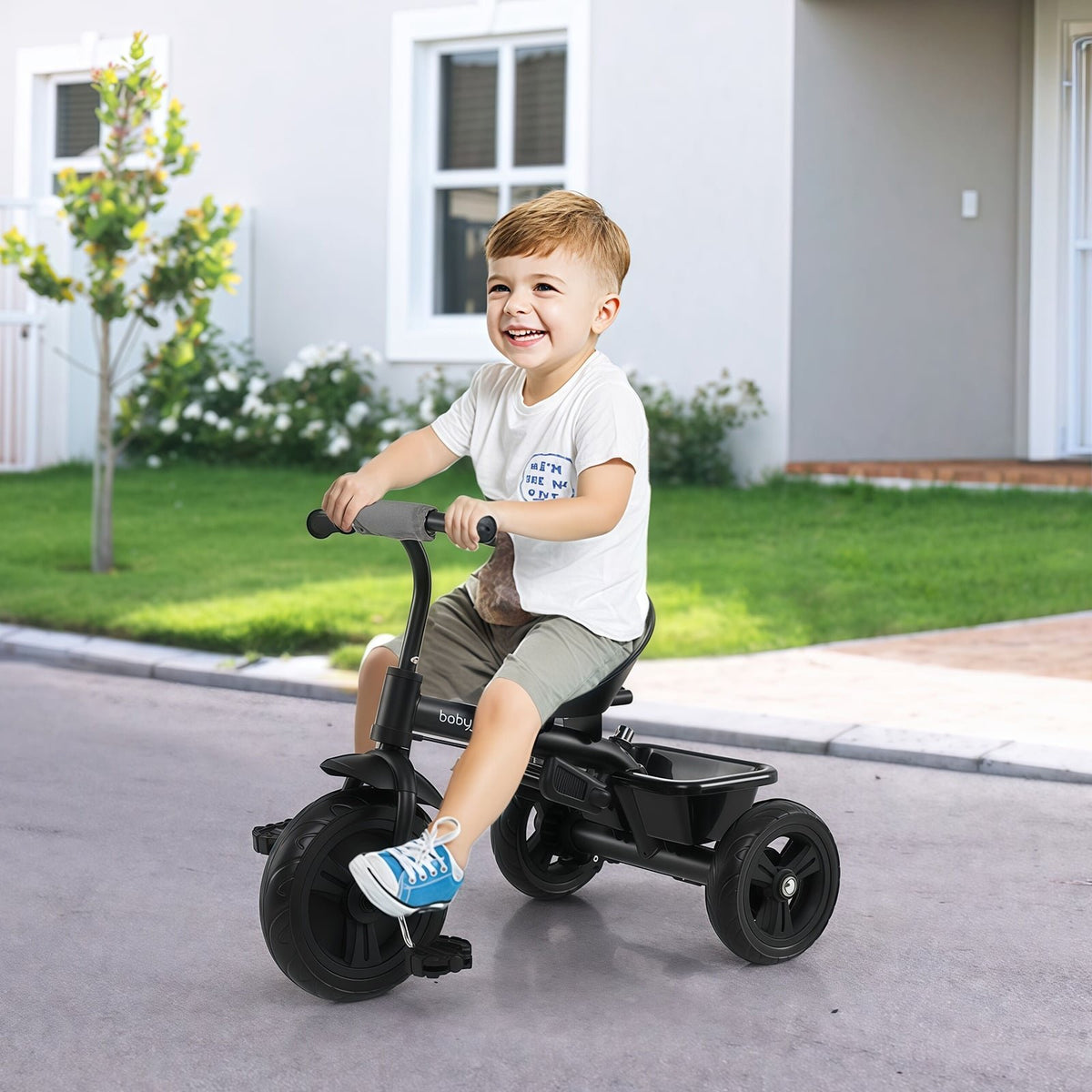 7-in-1 Baby Stroller Tricycle with Adjustable Canopy and Foldable Footrests for Ages 9-60 Months Old-Gray view 2
