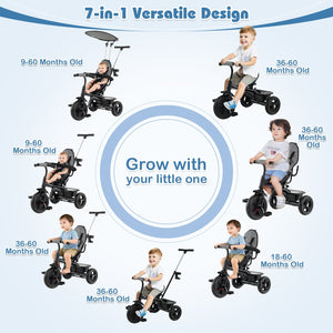 7-in-1 Baby Stroller Tricycle with Adjustable Canopy and Foldable Footrests for Ages 9-60 Months Old-Gray view 5