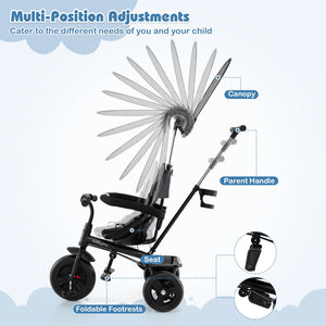7-in-1 Baby Stroller Tricycle with Adjustable Canopy and Foldable Footrests for Ages 9-60 Months Old-Gray view 6
