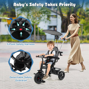 7-in-1 Baby Stroller Tricycle with Adjustable Canopy and Foldable Footrests for Ages 9-60 Months Old-Gray view 8