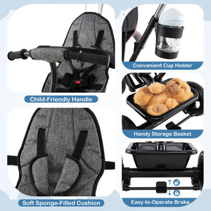 7-in-1 Baby Stroller Tricycle with Adjustable Canopy and Foldable Footrests for Ages 9-60 Months Old-Gray view 9