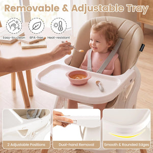 7-in-1 Convertible Foldable Baby High Chair with Adjustable Tray for Kids-Beige view 6