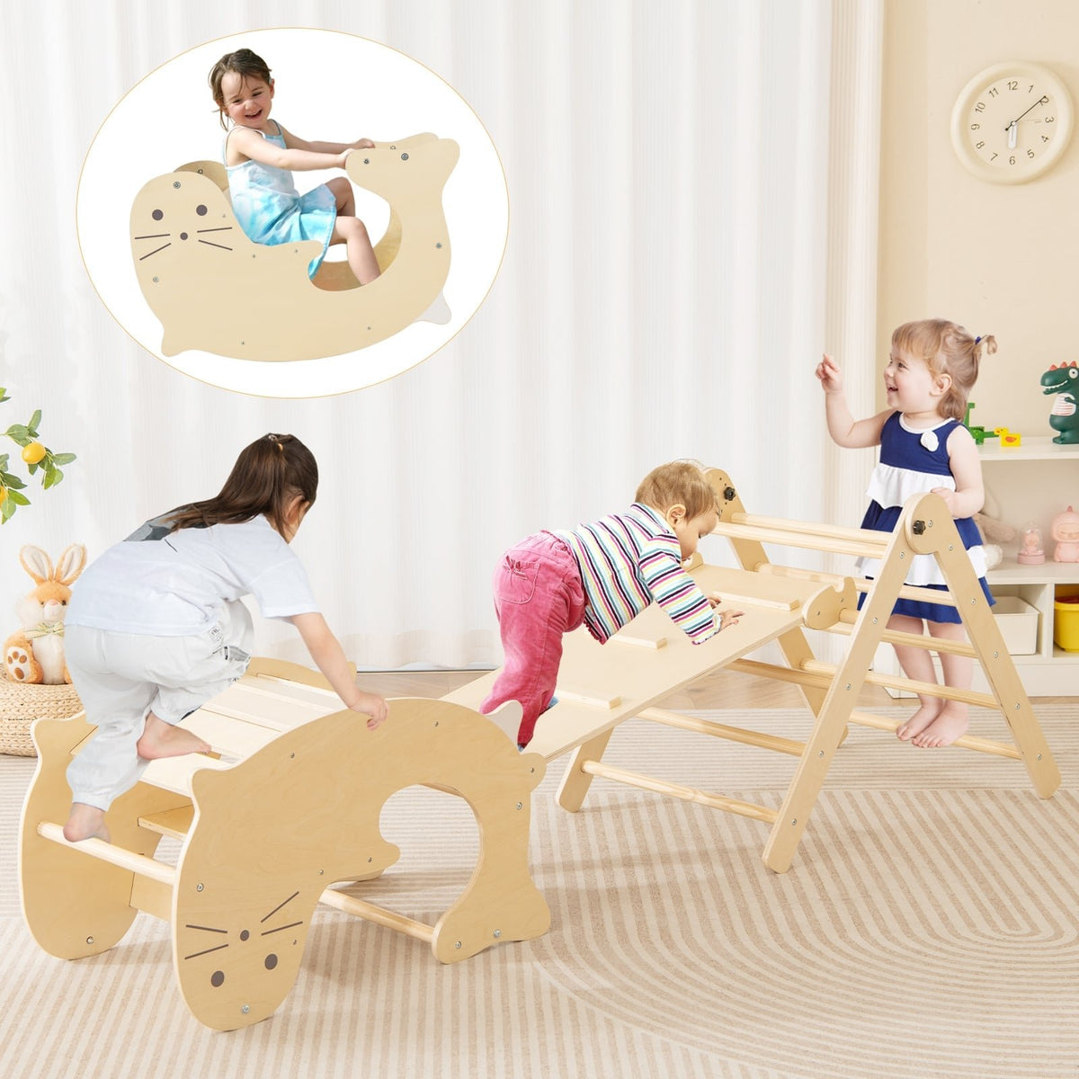 7-in-1 Indoor Climbing Toys for Toddlers with Reversible Ramp-Natural view 2