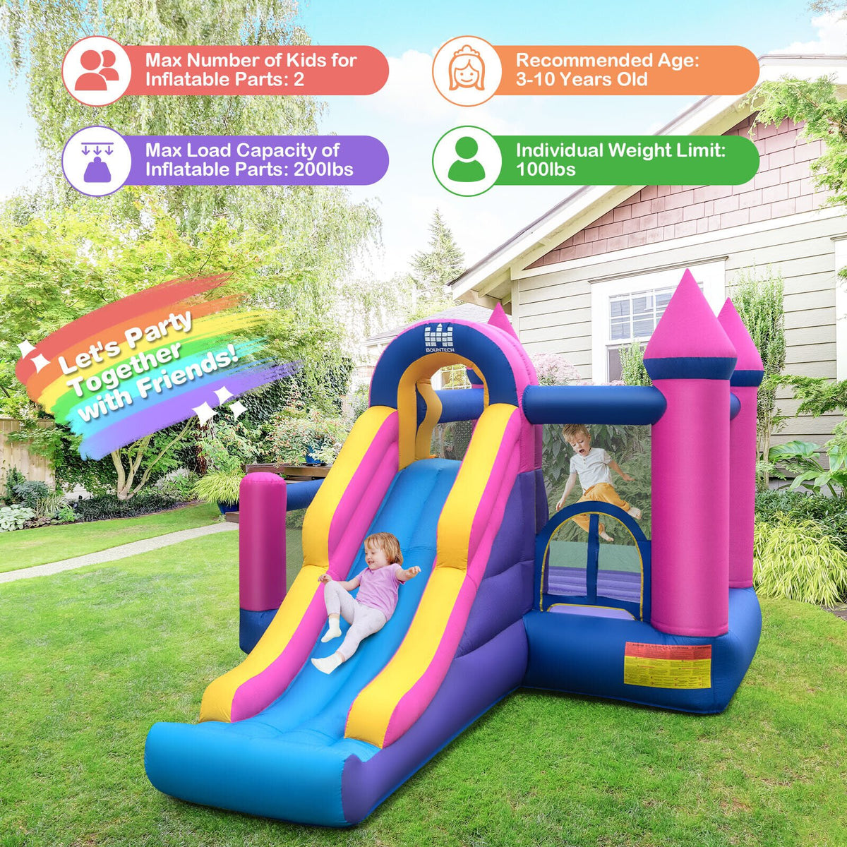 7-in-1 Kids Inflatable Bounce House with Long Slide and 735W Blower view 2
