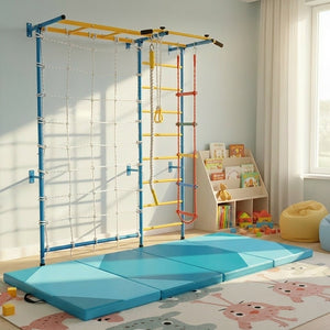 7-in-1 Swedish Ladder with Folding Gymnastics Mat for Solid Wall for Kids view 2
