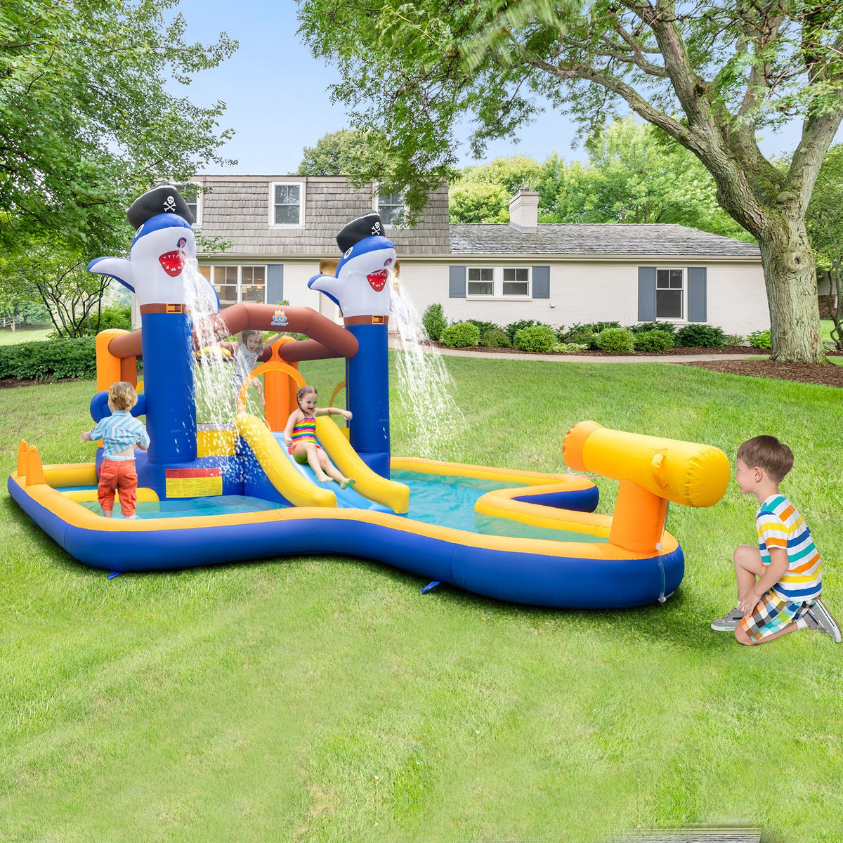 7-In-1 Water Slide Park with Splash Pool and Water Cannon with 680W Blower view 2