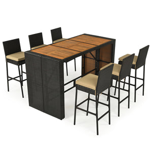 7-Piece Outdoor PE Wicker Bar Set with Bar Height Table and 6 Cushioned Stools for Yard-Brown