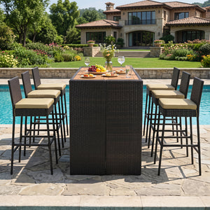 7-Piece Outdoor PE Wicker Bar Set with Bar Height Table and 6 Cushioned Stools for Yard-Brown view 3