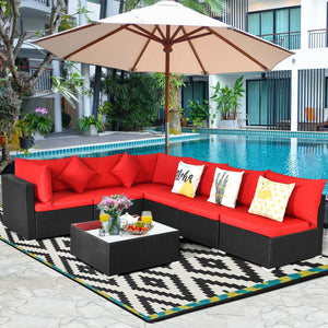7 Pieces Sectional Wicker Furniture Sofa Set with Tempered Glass Top-Red view 2