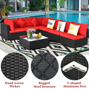 7 Pieces Sectional Wicker Furniture Sofa Set with Tempered Glass Top-Red view 3