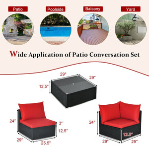 7 Pieces Sectional Wicker Furniture Sofa Set with Tempered Glass Top-Red view 4
