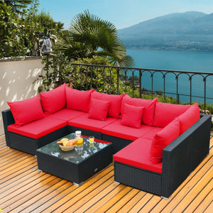 7 Pieces Sectional Wicker Furniture Sofa Set with Tempered Glass Top-Red view 6