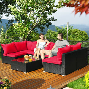 7 Pieces Sectional Wicker Furniture Sofa Set with Tempered Glass Top-Red view 8