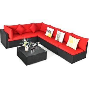 7 Pieces Sectional Wicker Furniture Sofa Set with Tempered Glass Top-Red view 9