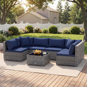 7 Pieces Patio Furniture Set PE Rattan Sectional Sofas with Tempered Glass Coffee Table-Navy view 3