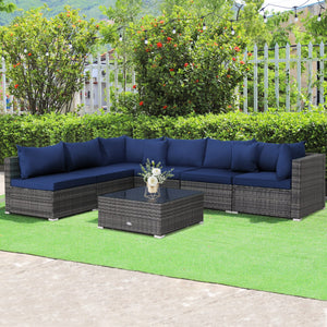 7 Pieces Patio Rattan Furniture Set Sectional Sofa Garden Cushion-Navy view 2