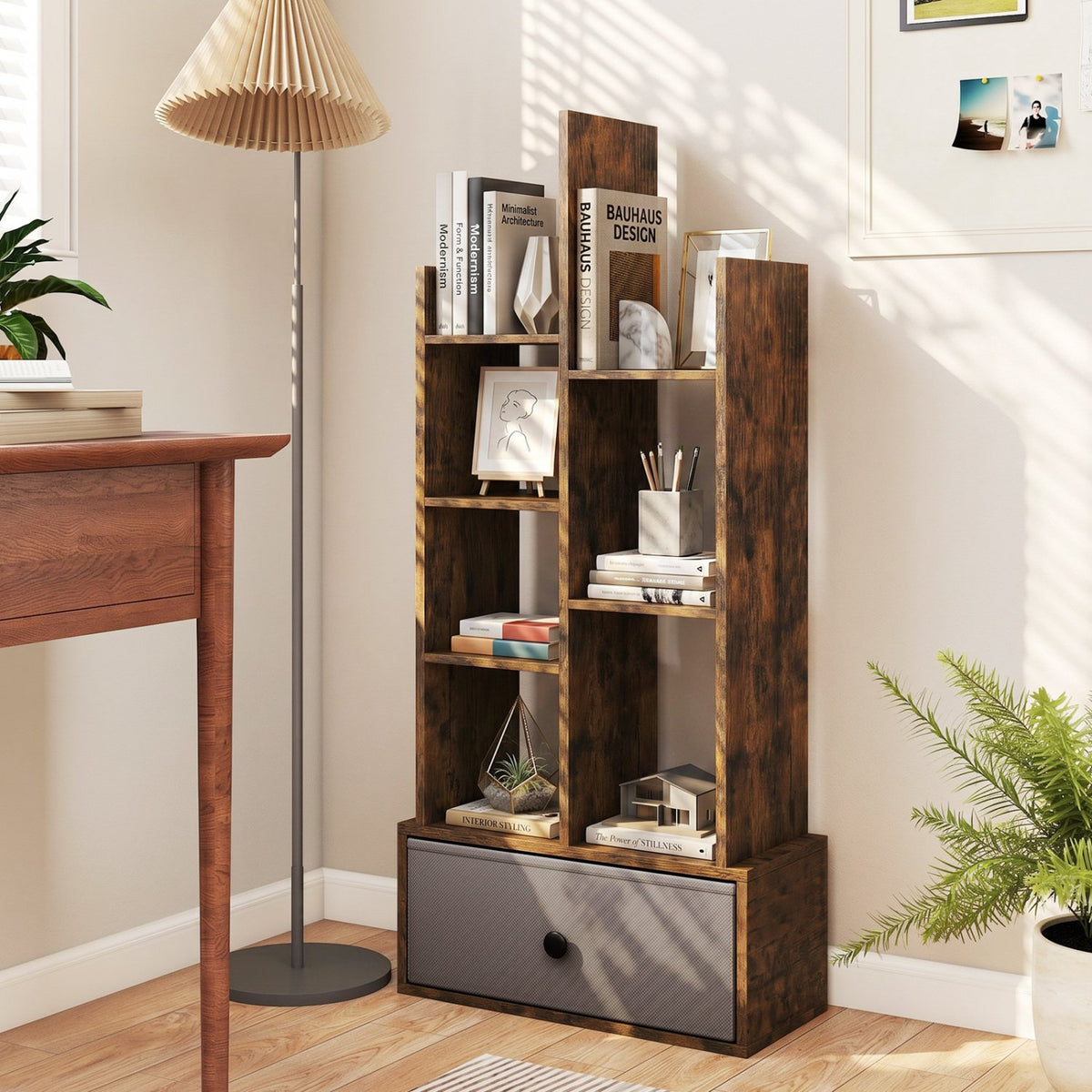 7-Tier Open-Back Bookshelf with Drawer-Rustic Brown view 2