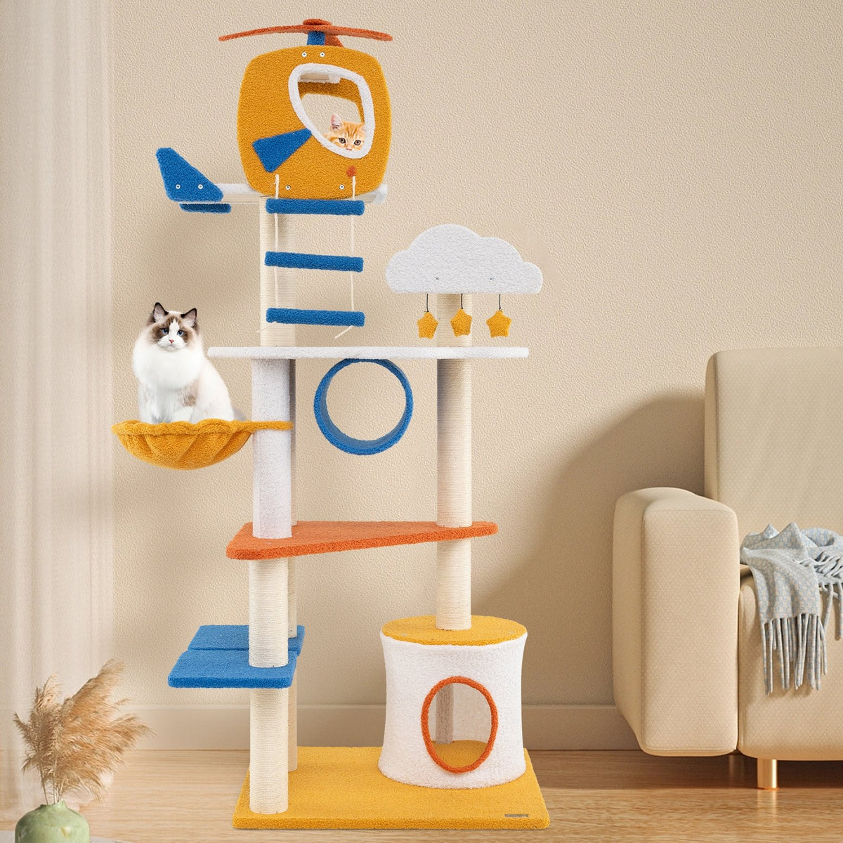70 Inch Tall Aviation-themed Cat Tree with Helicopter Top Perch and Platforms-Yellow view 2