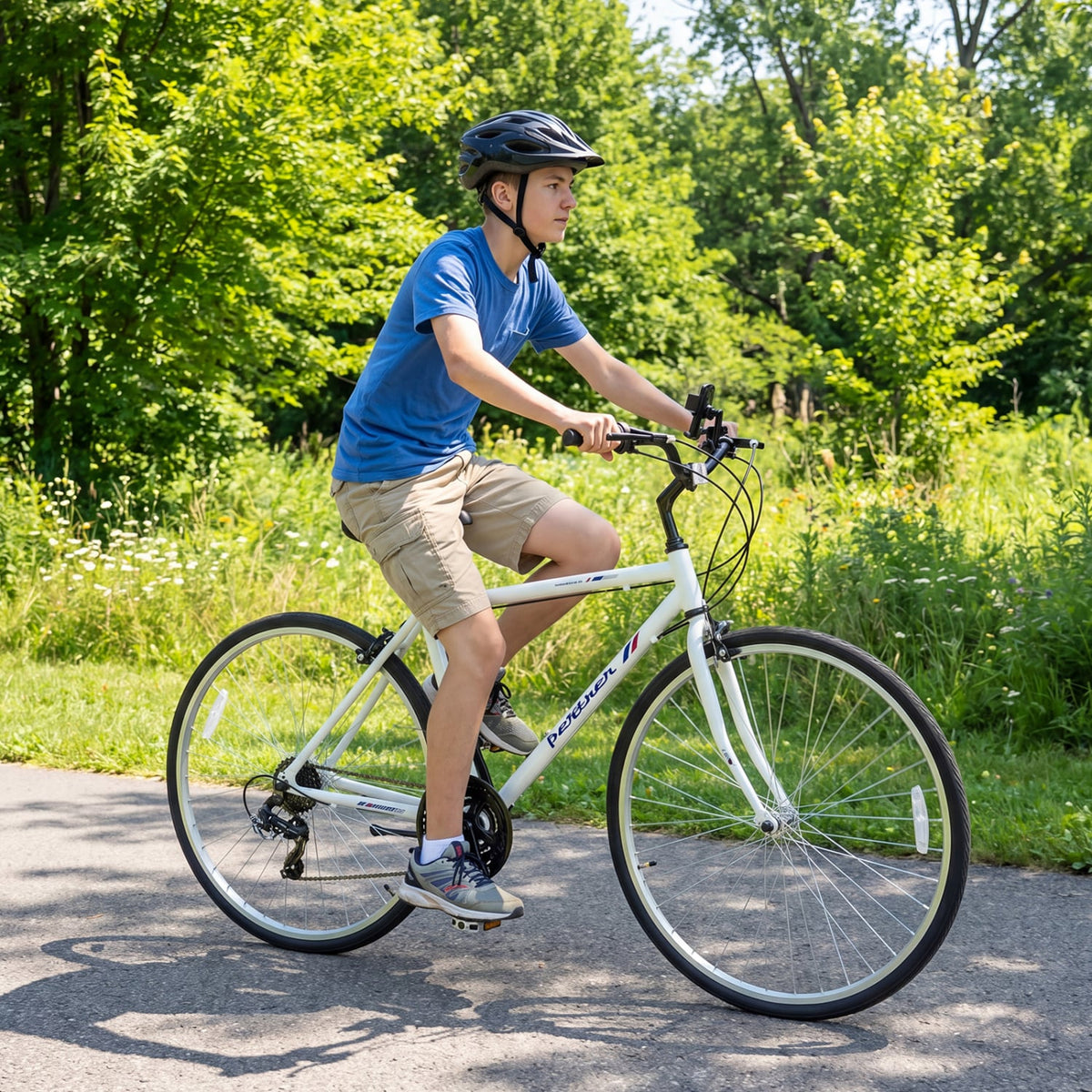 700C Hybrid Bike for Adult with 18-Speed Shimano Drivetrain and Phone Holder-White view 2