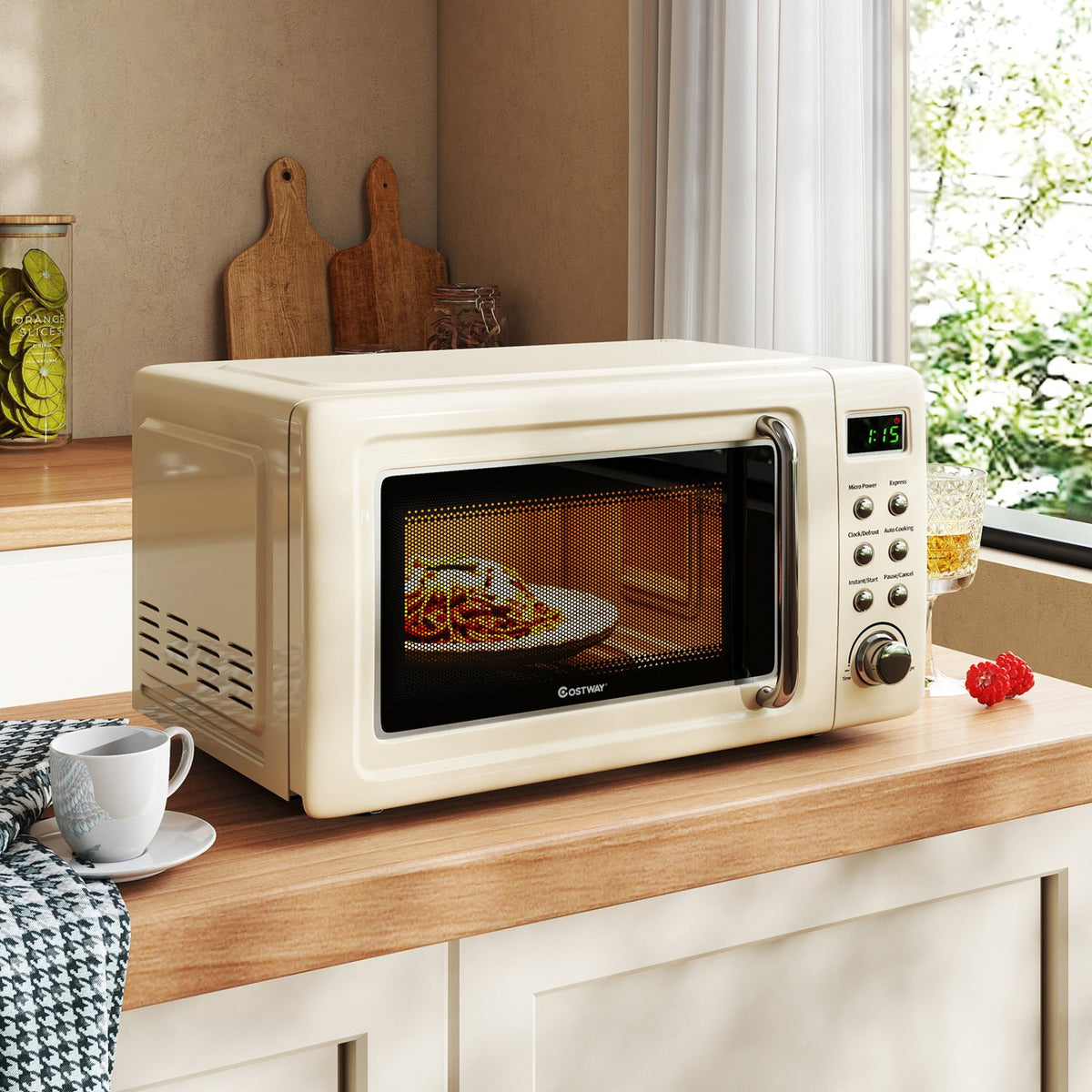 700W Retro Countertop Microwave Oven with 5 Micro Power and Auto Cooking Function-Cream White view 2