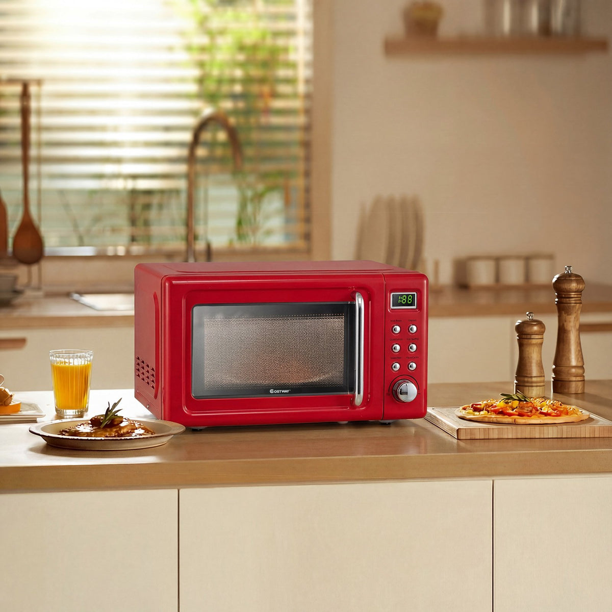 700W Retro Countertop Microwave Oven with 5 Micro Power and Auto Cooking Function-Light Red view 2