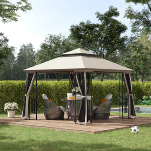 10'x10' Soft-top Patio Gazebo with Double Tier Roof, Mesh Curtains, Display Shelves, Top Hooks, Beige – view 7