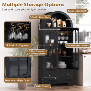 71.5 Inch Arched Cabinet 5-Tier with Tempered Glass Doors and Wine Rack-Black view 8