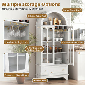 71.5 Inch Arched Cabinet 5-Tier with Tempered Glass Doors and Wine Rack-White view 8