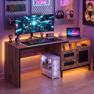 71-Inch Computer Table with Open Compartments and Drawers-Natural view 3