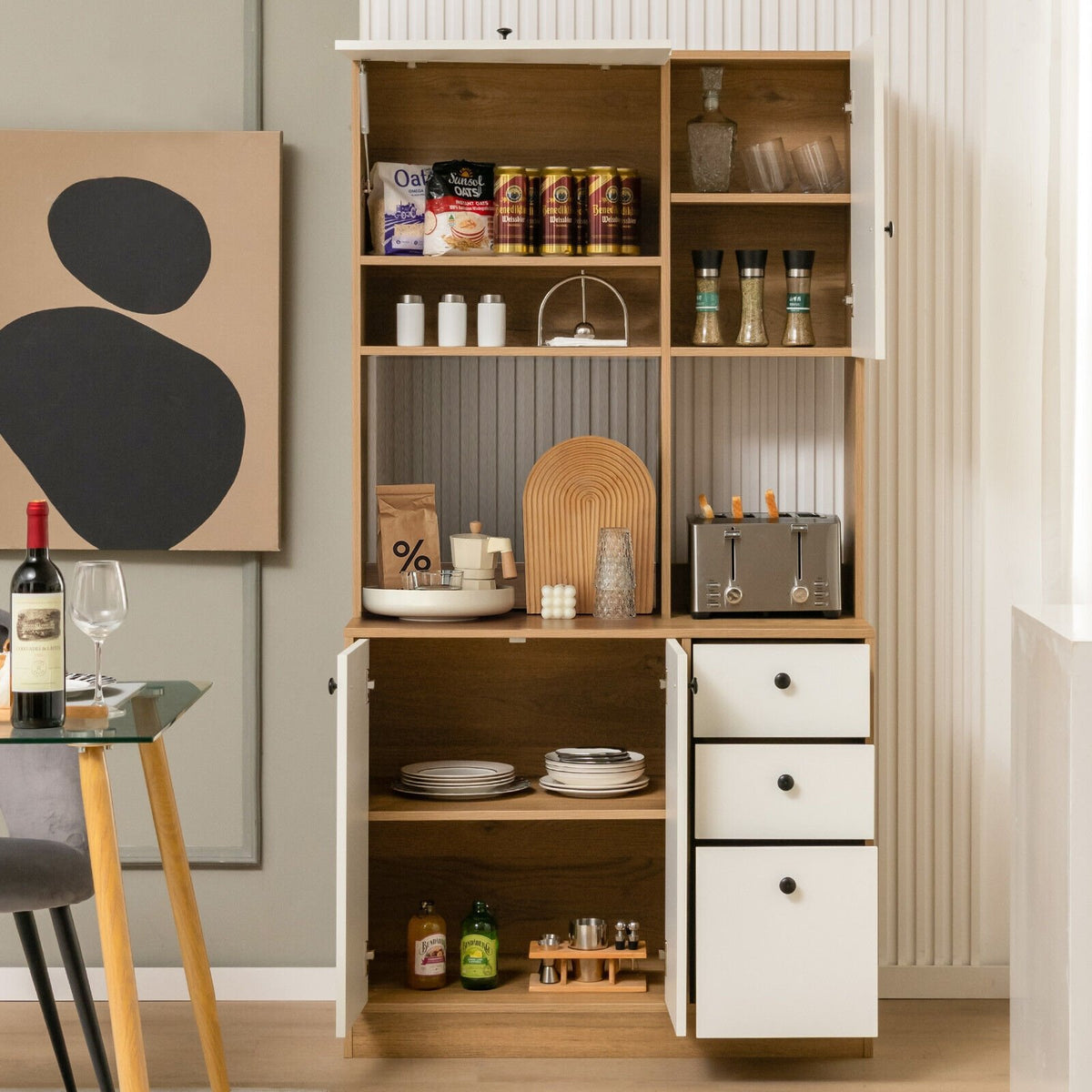 71 Inch Kitchen Pantry with 3 Storage Cabinet and 3 Deep Drawers-White view 2