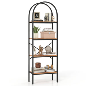71 inches Tall Arched Bookcase 4-Tier with Storage Shelves & Metal Frame for Home Office-Brown & Black view 4