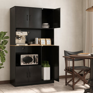 71 inches Tall Kitchen Pantry Cabinet with Charging Station Wooden Buffet Cupboard Sideboard-Black view 3