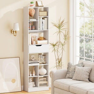 71inch Tall Freestanding Bookcase with Drawer 10-Cube Storage Organizer-White view 2