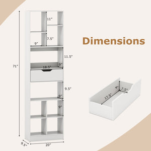71inch Tall Freestanding Bookcase with Drawer 10-Cube Storage Organizer-White view 5