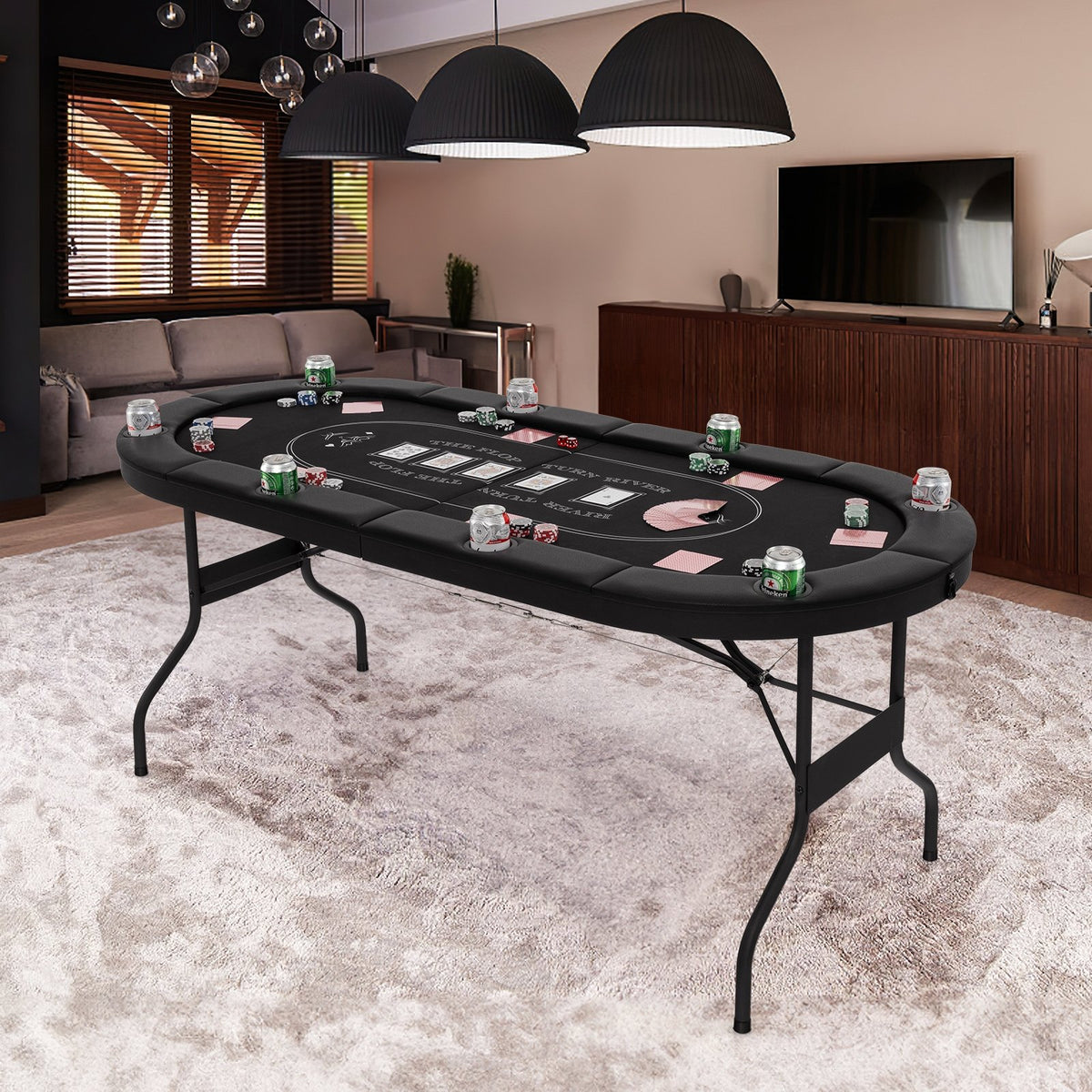 72 Inch Foldable Poker Table for 8 Players Portable Oval Card Board Game Table-Black view 2