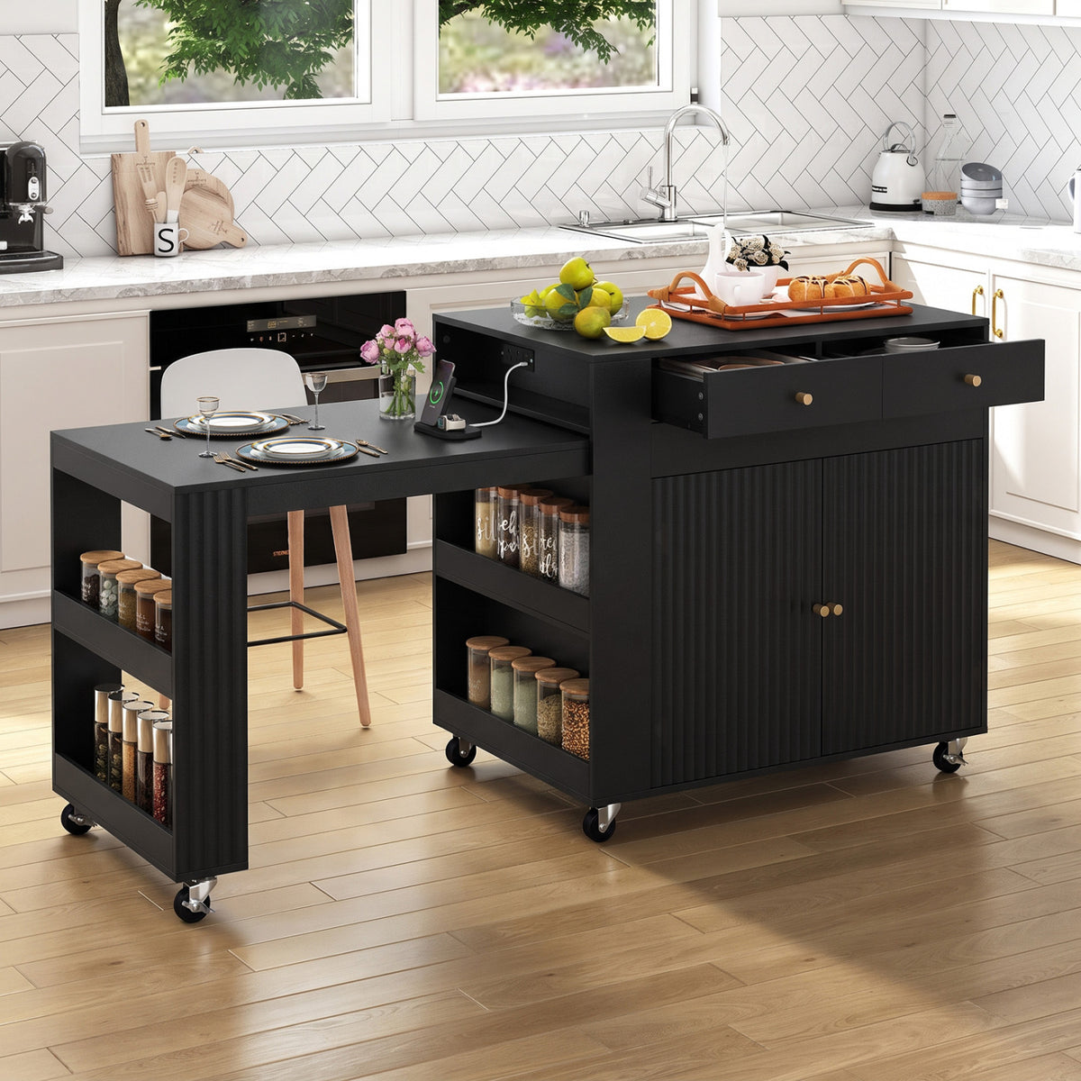 72 inches Kitchen Island with Extendable Dining Table and Power Outlet-Black view 2