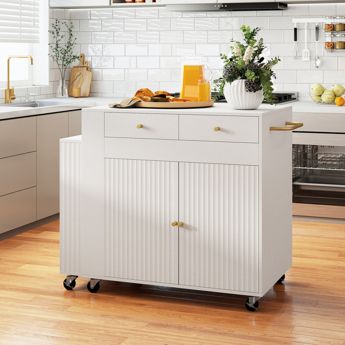 72 inches Kitchen Island with Extendable Dining Table and Power Outlet-White view 2