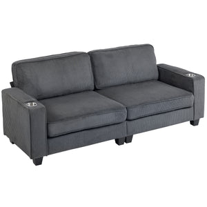 Three Seater Sofa, Fabric 3 Seater Couch with Spring Cushion and Cup Holders for Living Room, Bedroom
